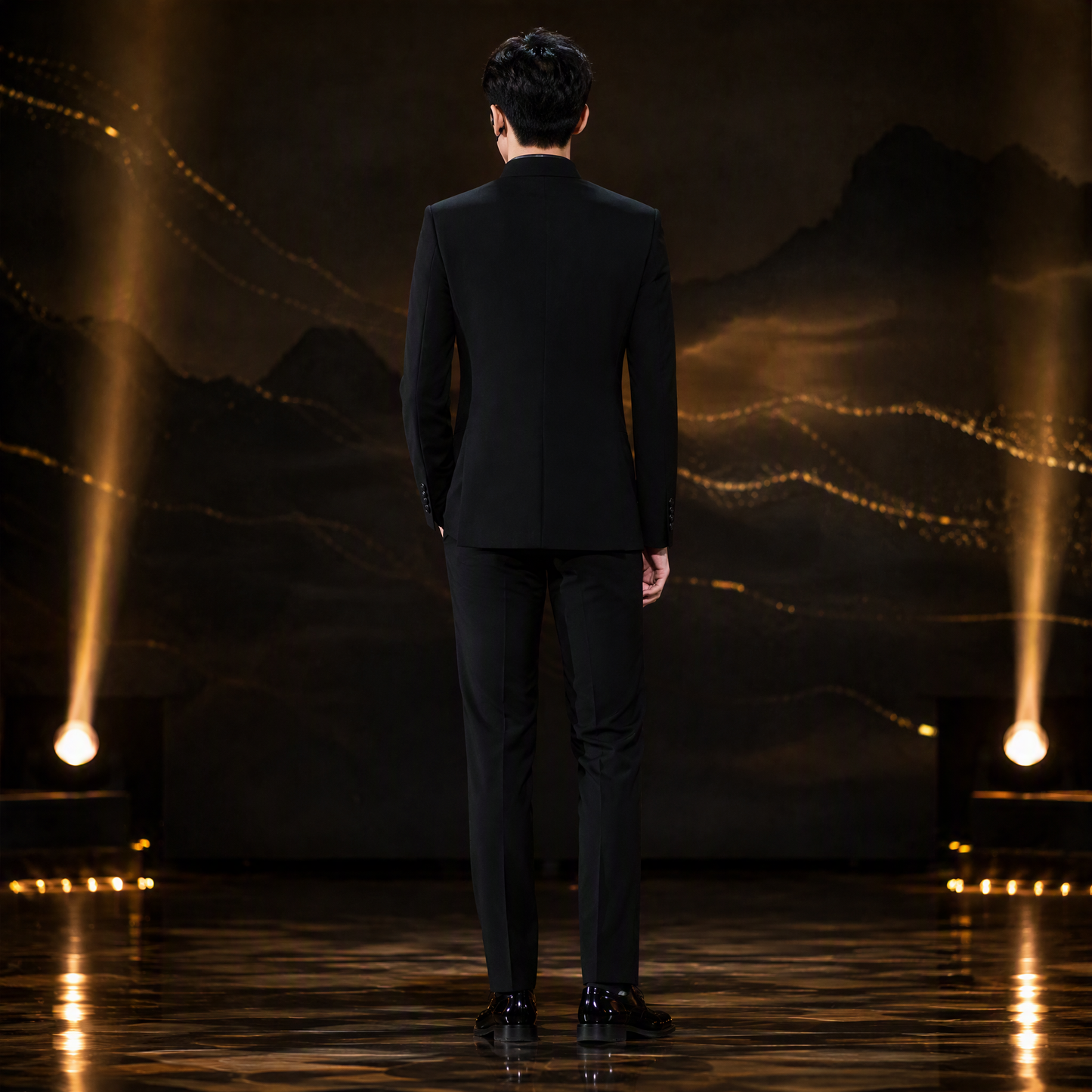 Black Mandarin Collar Suit Jacket with Intricate Gold Sequin Leaf Appliques
