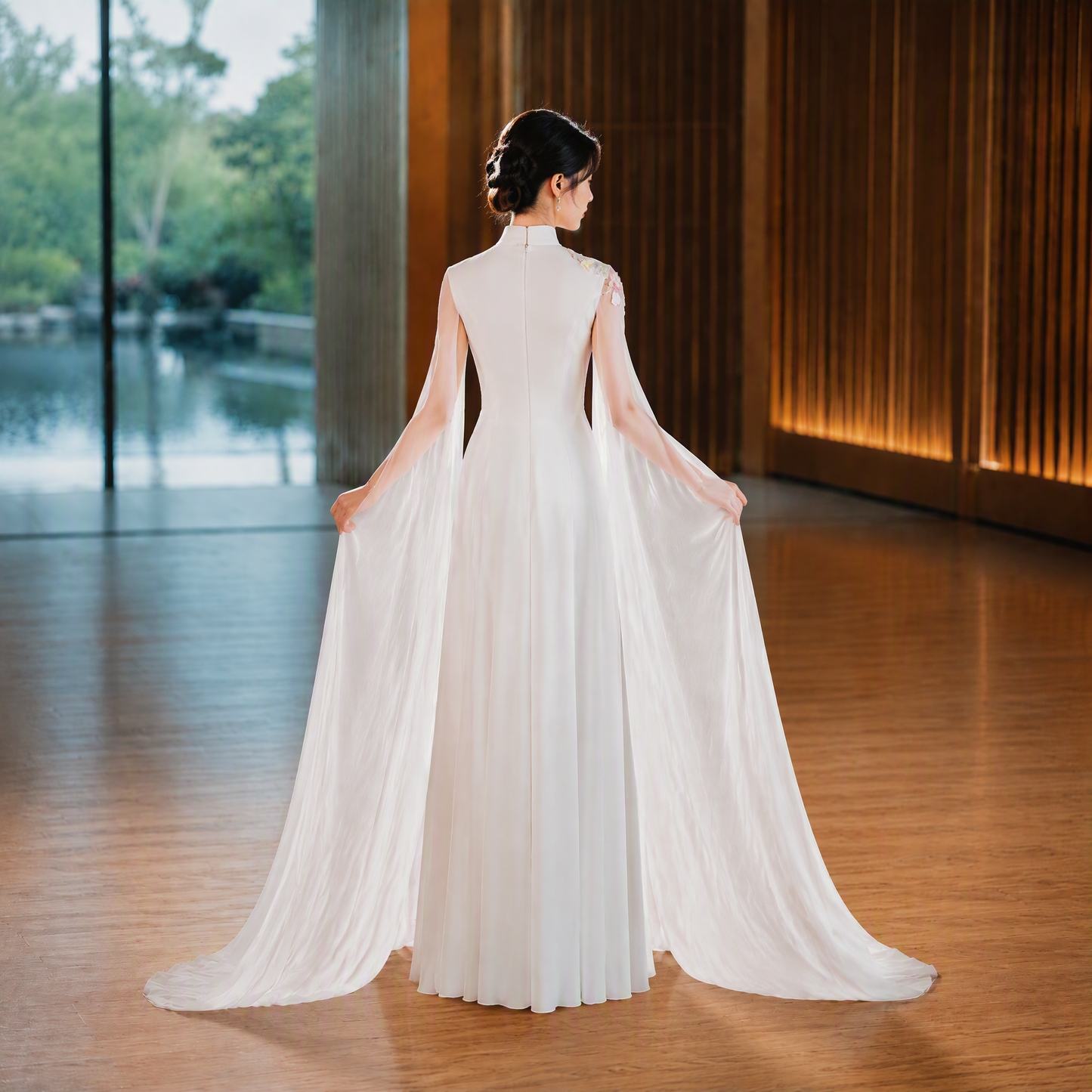 Elegant White Mandarin Collar Floral Appliqué Evening Gown with Flowing Cape