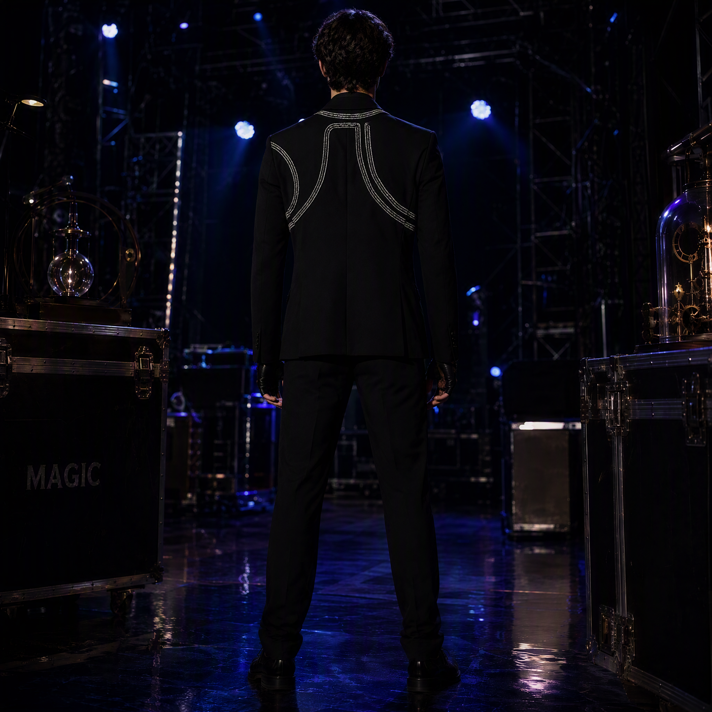 Avant-Garde Black Suit Jacket with Futuristic Silver Beaded Harness Lines