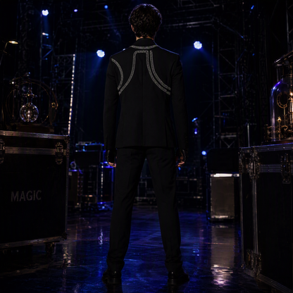Avant-Garde Black Suit Jacket with Futuristic Silver Beaded Harness Lines