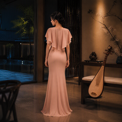 Rose Pink V-Neck Mermaid Evening Gown with Ruffle Sleeves and Beaded Lace