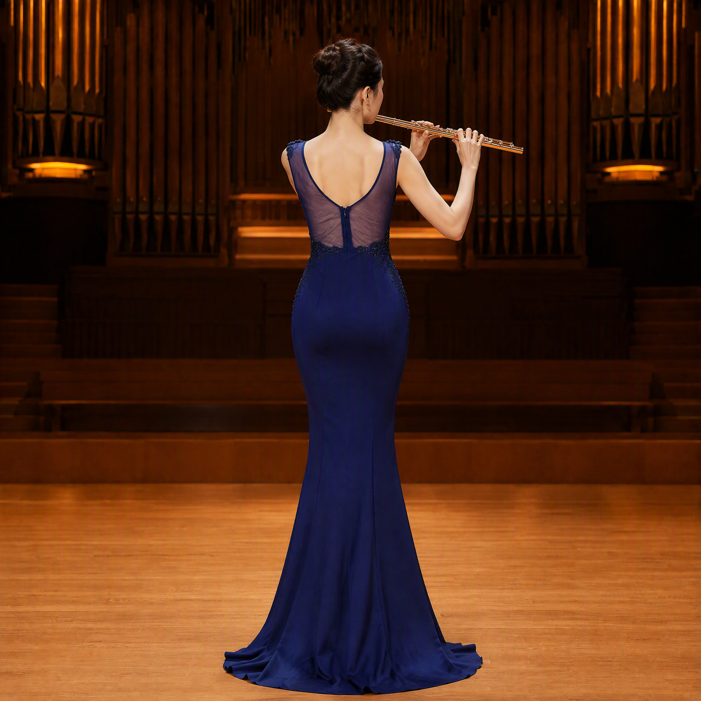 Navy Blue V-Neck Lace Applique Mermaid Long Evening Gown