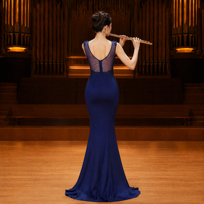 Navy Blue V-Neck Lace Applique Mermaid Long Evening Gown