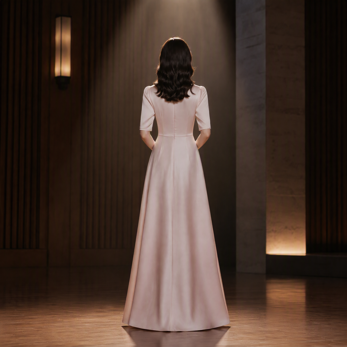 Lace Applique Mandarin Collar Pink Stage Gown