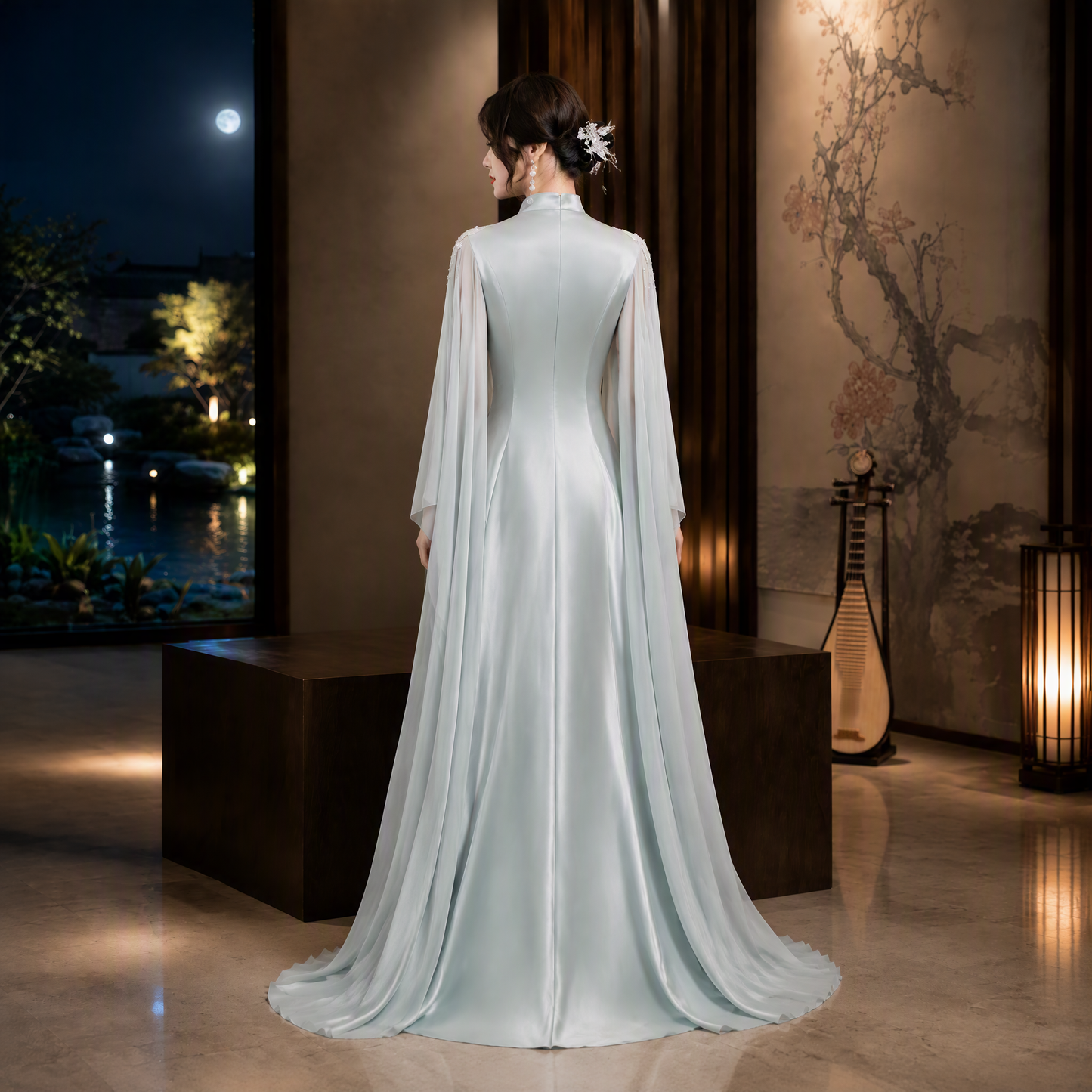 Sage Green Mandarin Collar Beaded Embroidered Long Evening Gown with Cape