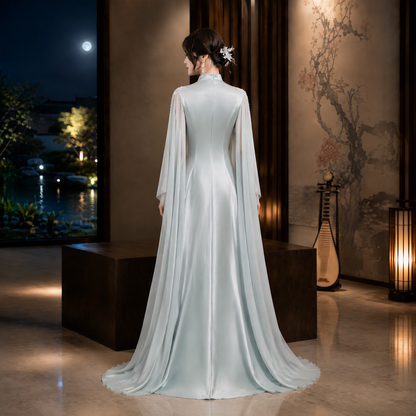 Sage Green Mandarin Collar Beaded Embroidered Long Evening Gown with Cape