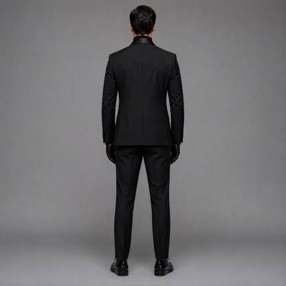 Minimalist Black Tuxedo Blazer with Subtle Satin Shawl Lapel and Elegant Floral Embroidery