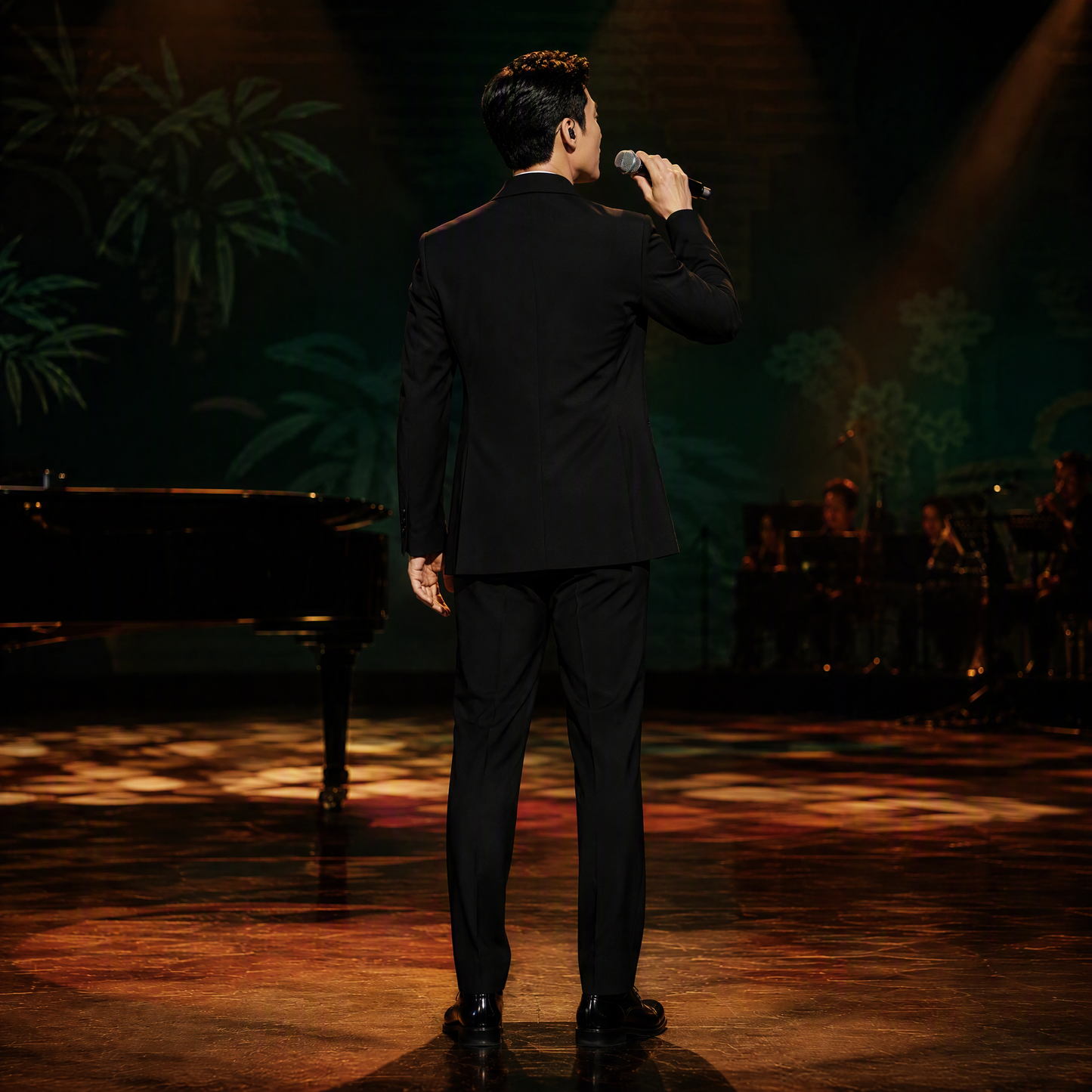 Traditional Chinese Style Black Suit with Silver Bamboo Embroidery