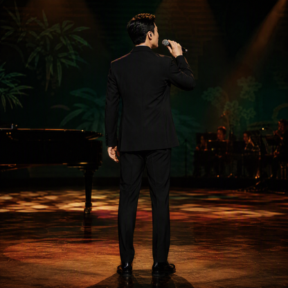 Traditional Chinese Style Black Suit with Silver Bamboo Embroidery