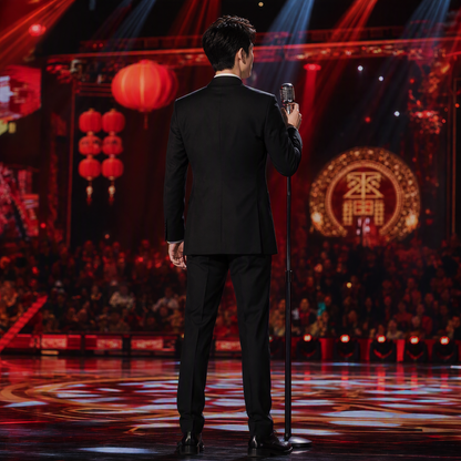 Black Mandarin Collar Suit Jacket with Vibrant Koi Fish Embroidery and Crystal Embellishments