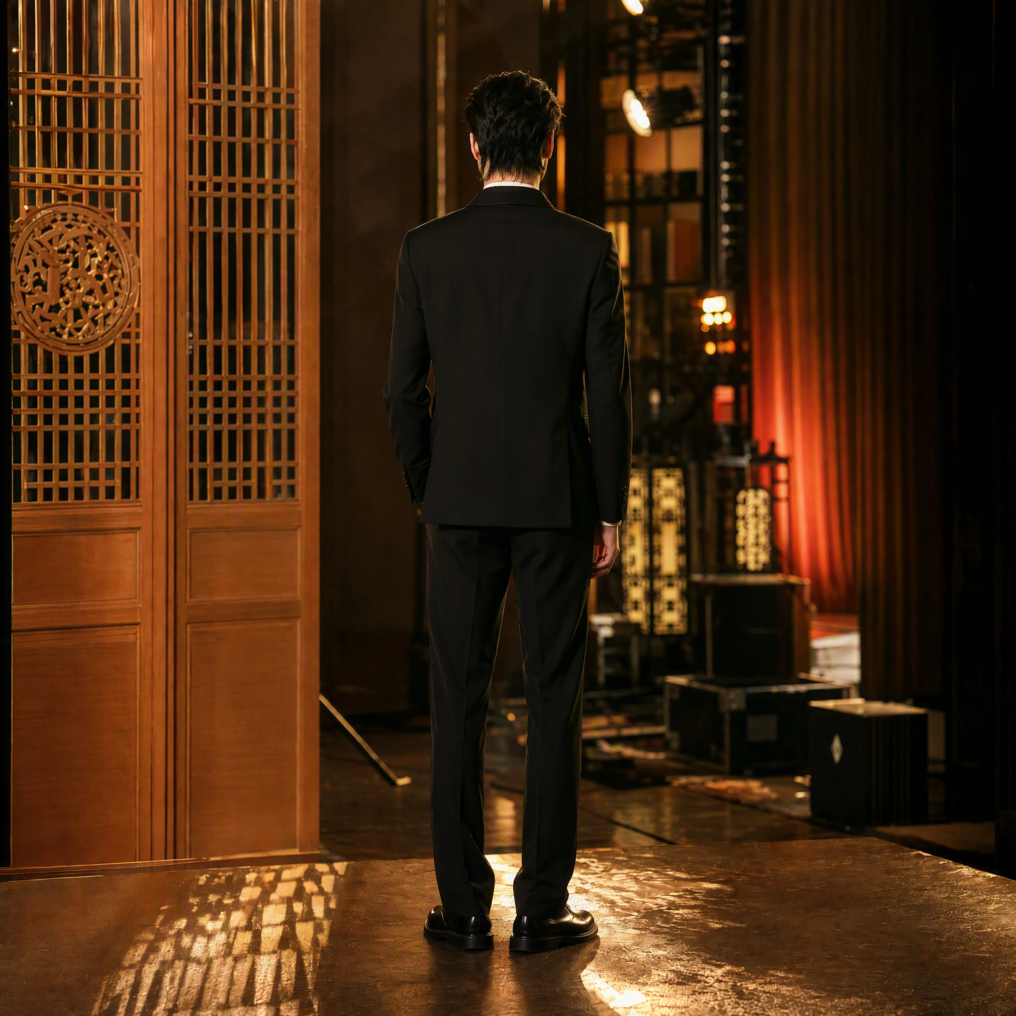 Black Tuxedo Suit with Delicate White Bamboo Embroidery and Satin Shawl Lapel