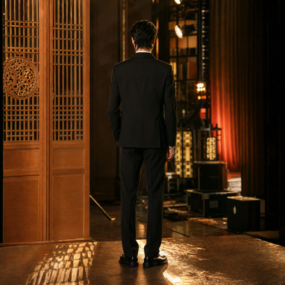 Black Tuxedo Suit with Delicate White Bamboo Embroidery and Satin Shawl Lapel