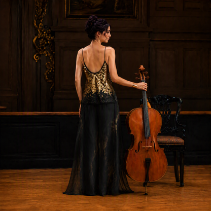 Ink-Wash Print Wide-Leg Performance Pants with Flowing Overlay
