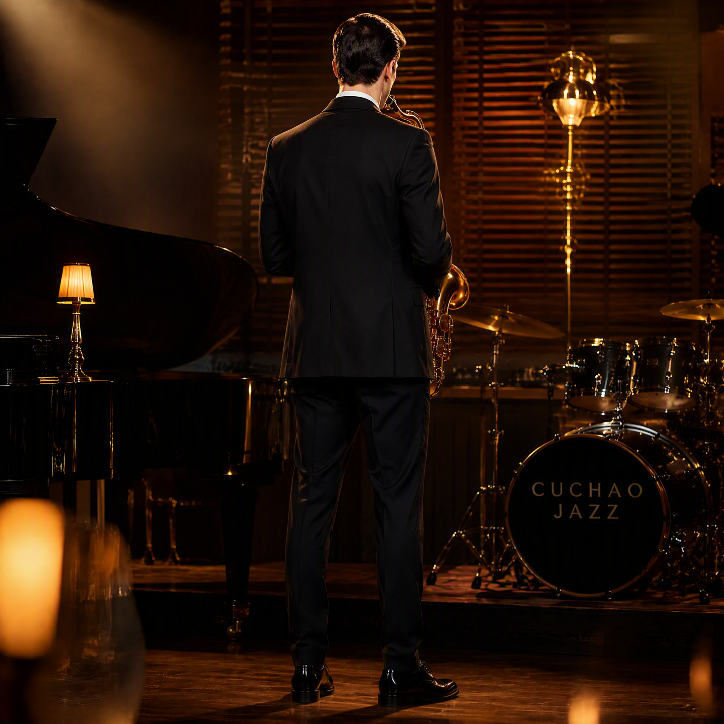 Black Tuxedo Blazer with Intricate Wave-Patterned Lapel