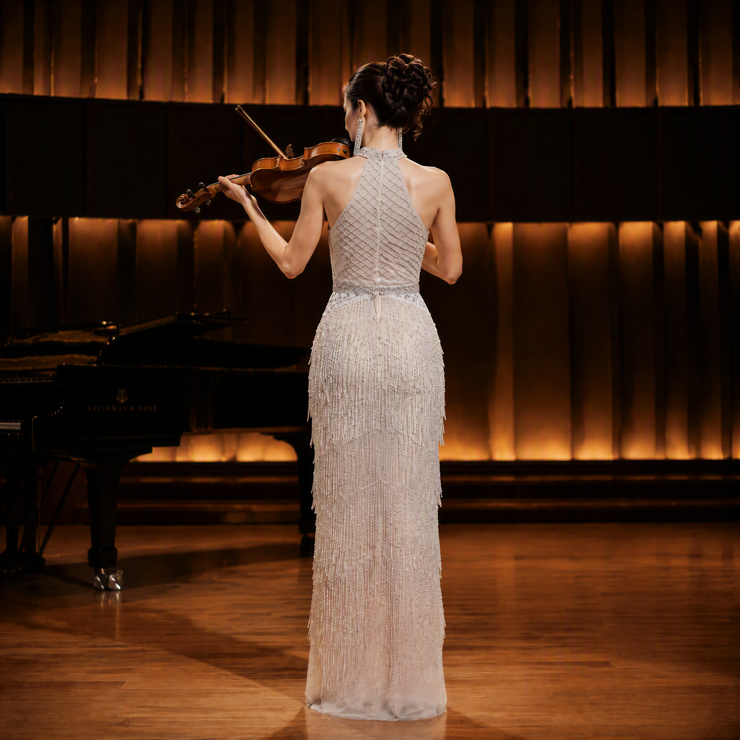 Nude Crystal Beaded Halter Neck Long Evening Gown with Tiered Fringe