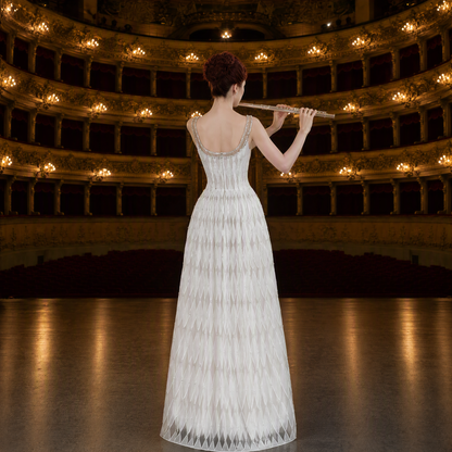 Ethereal White Diamond-Pattern Sheer Long Evening Gown with Beaded Straps
