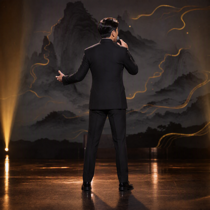 Black Mandarin Collar Suit Jacket with Hand-Embroidered Crane and Moon Motif