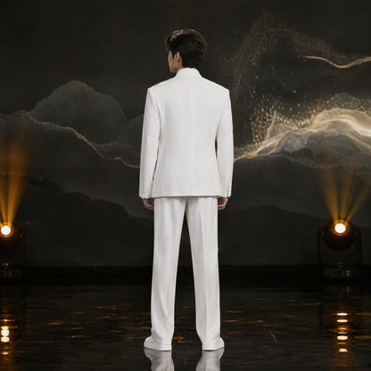 Elegant White Suit with Green and Yellow Gingko Leaf Beaded Embroidery