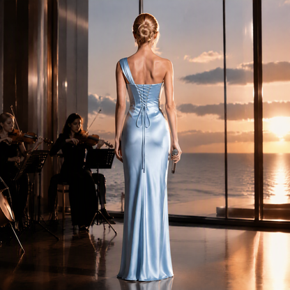 Elegant French-Style Asymmetric Satin Gown