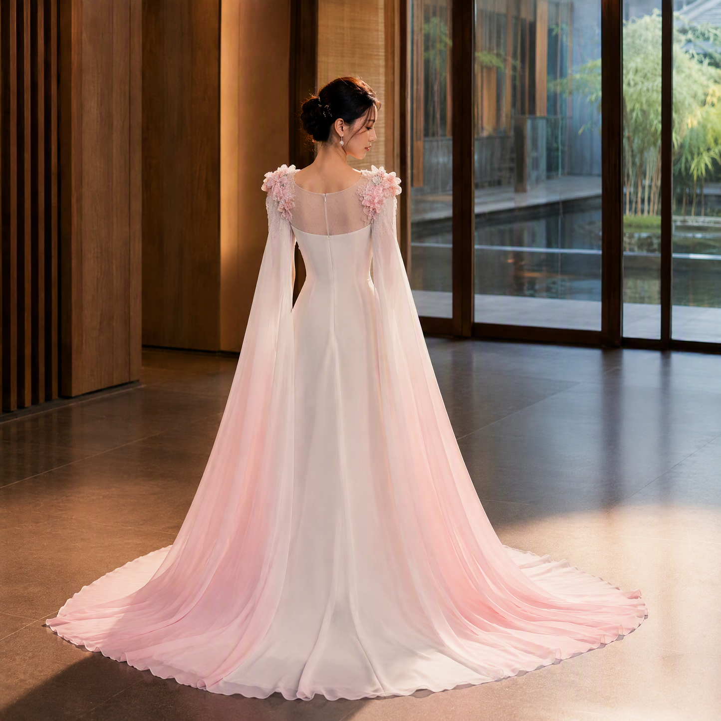 Ethereal Ivory and Pink Floral Appliqué Gown with Flowing Cape Sleeves