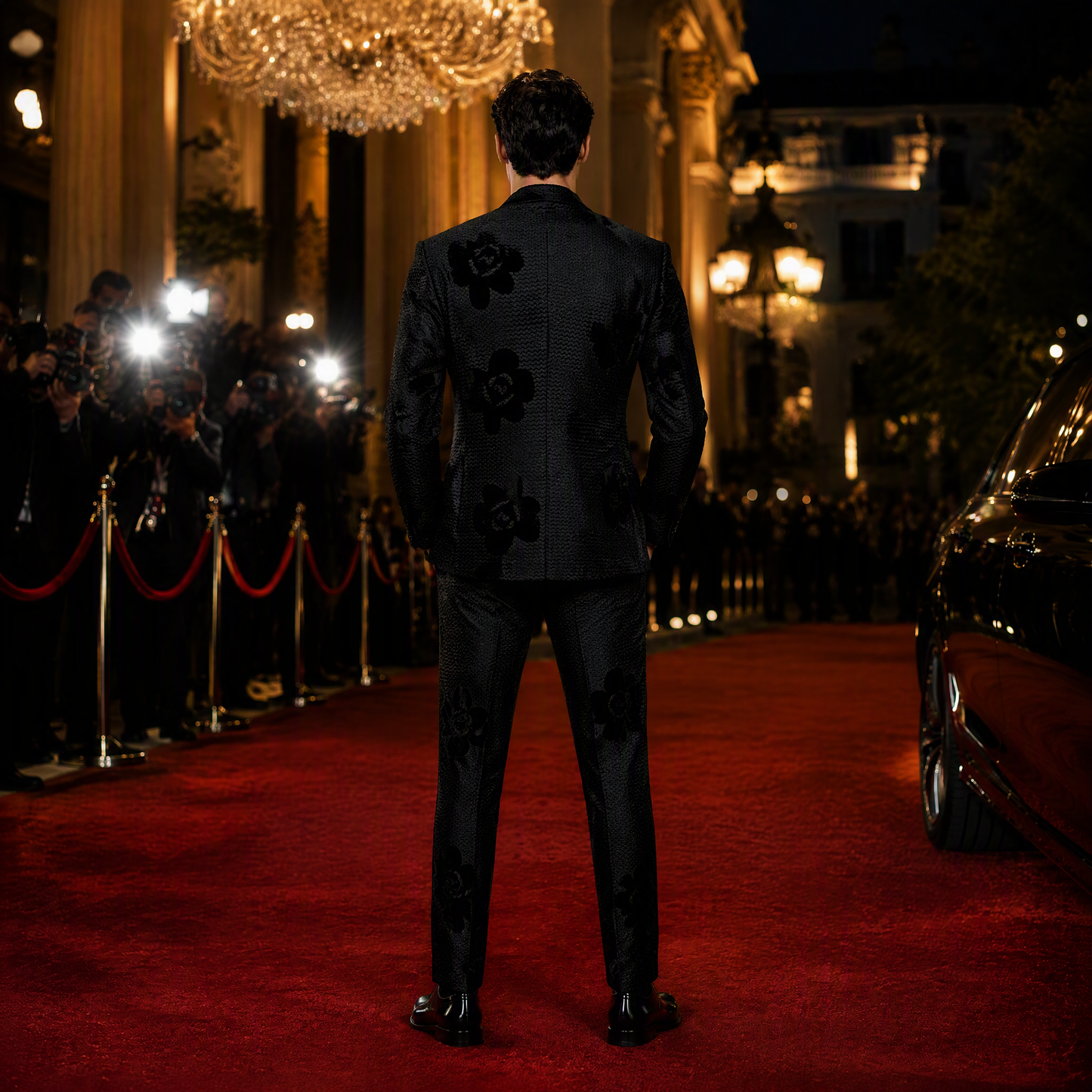 Avant-Garde Black Floral Jacquard Tuxedo Blazer with Satin Peak Lapel