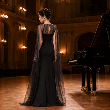 Black Scoop Neck Long Evening Gown with Beaded Sheer Cape