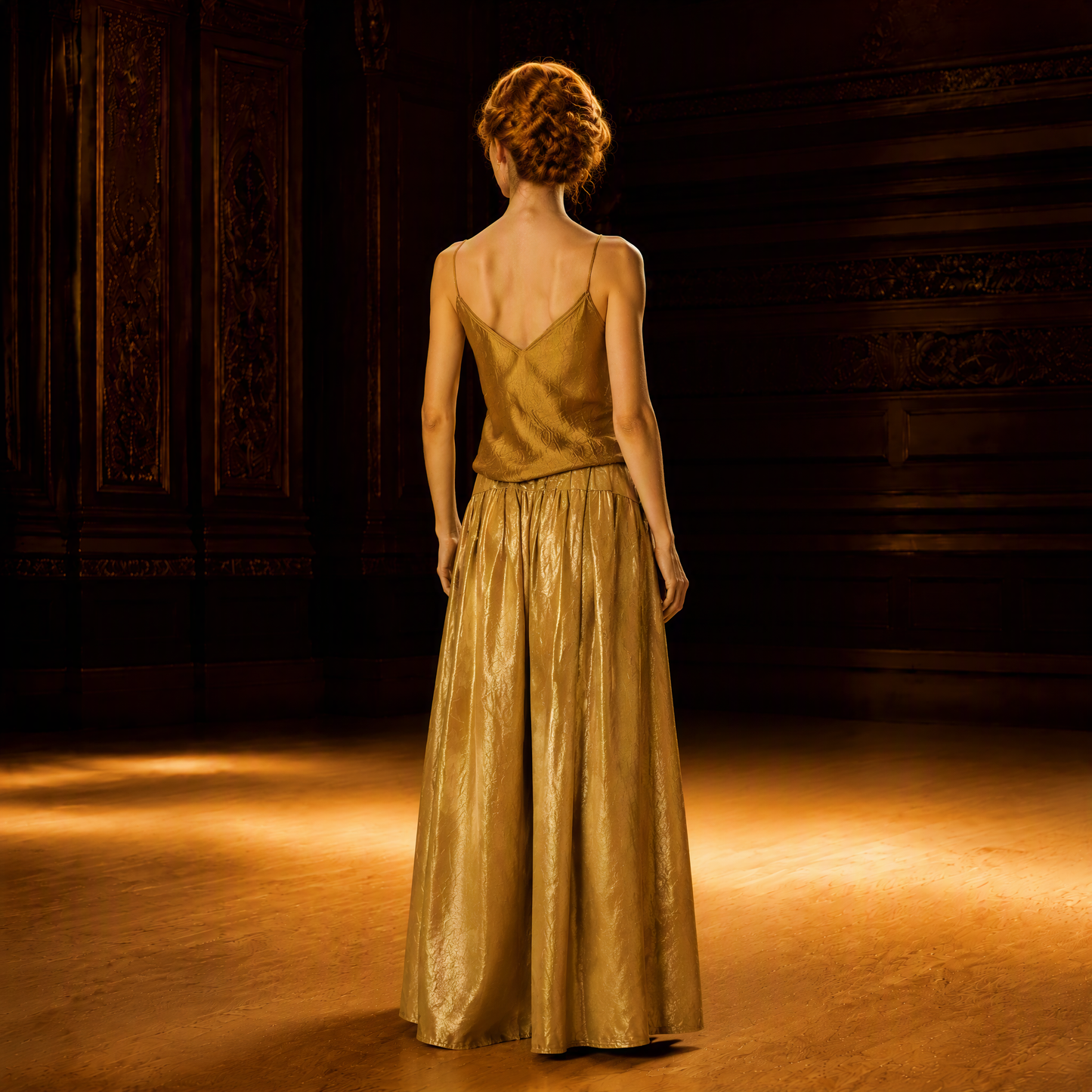 Metallic Gold High-Waisted Wide-Leg Pants for Stage Performance