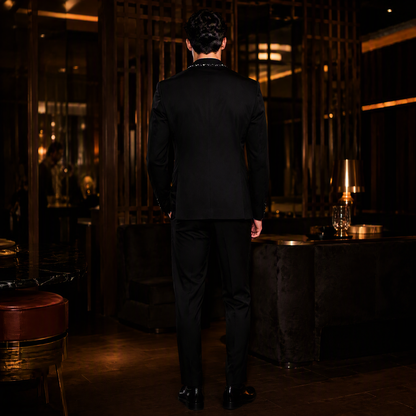 Black Notch Lapel Blazer with Radiant Crystal Beadwork and Paisley Lining