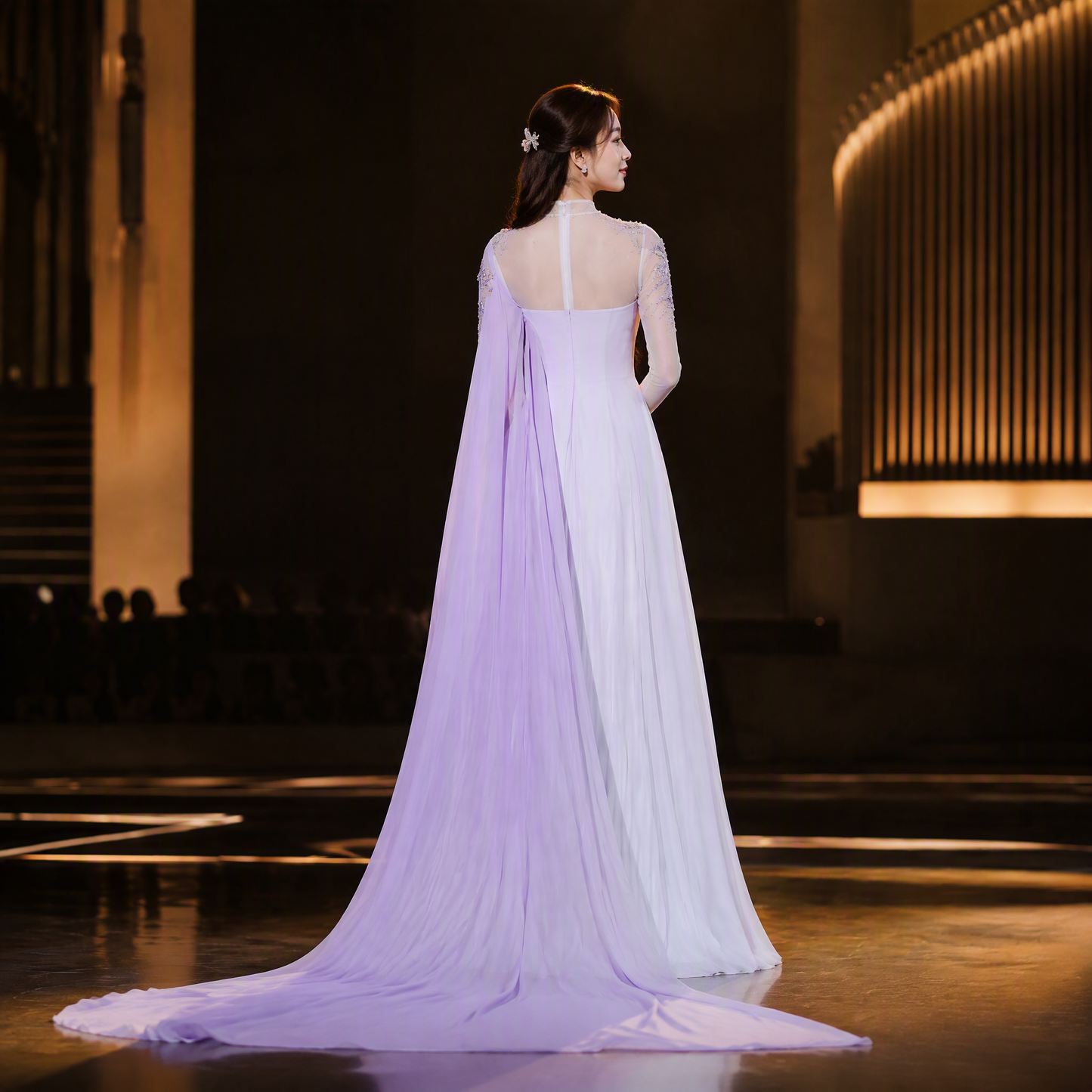 Ethereal Lavender Ombré Evening Gown with Cape-Style Sleeves