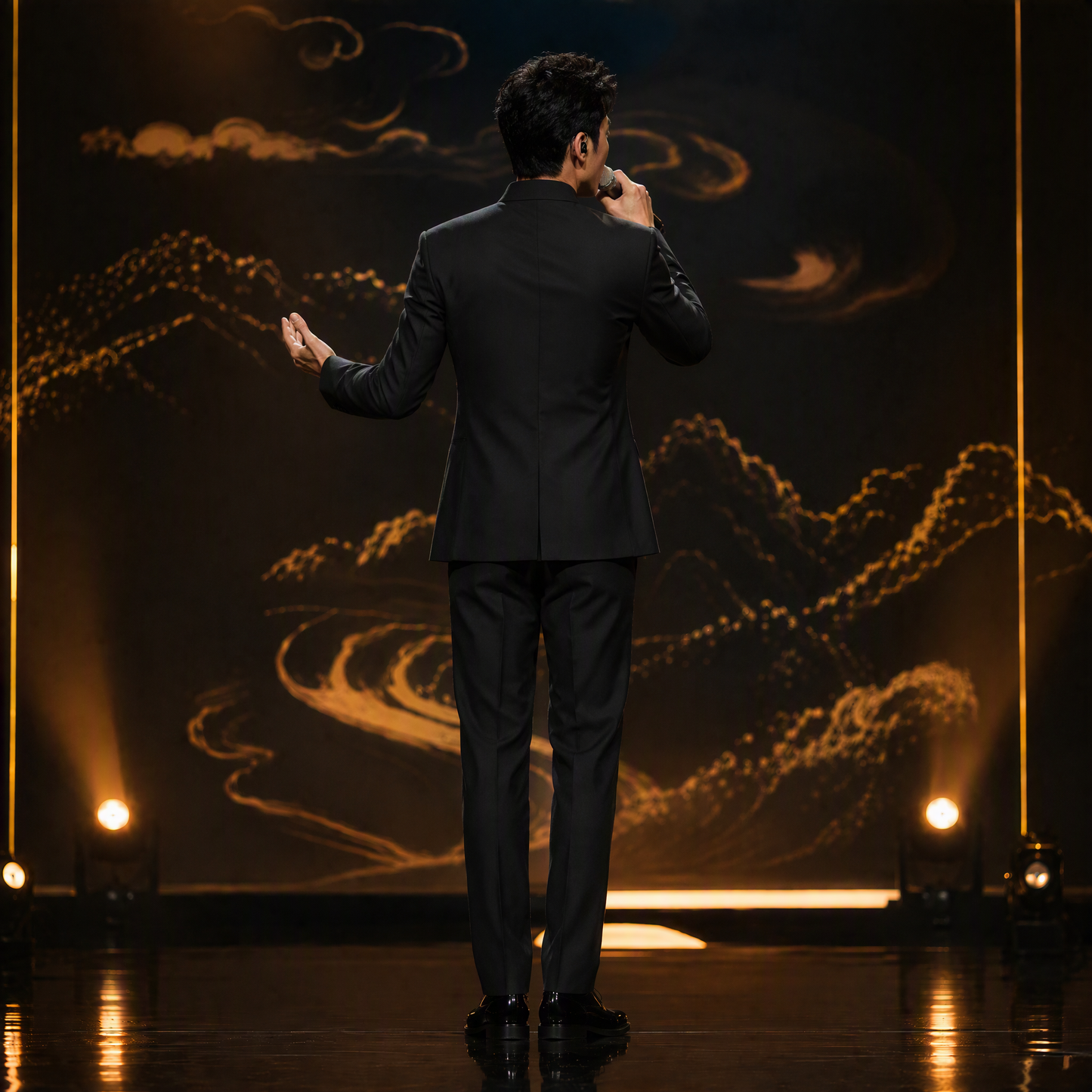 Neo-Chinese Black Suit Jacket with Crystal Floral Shoulder Embellishment