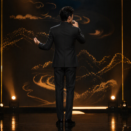 Neo-Chinese Black Suit Jacket with Crystal Floral Shoulder Embellishment