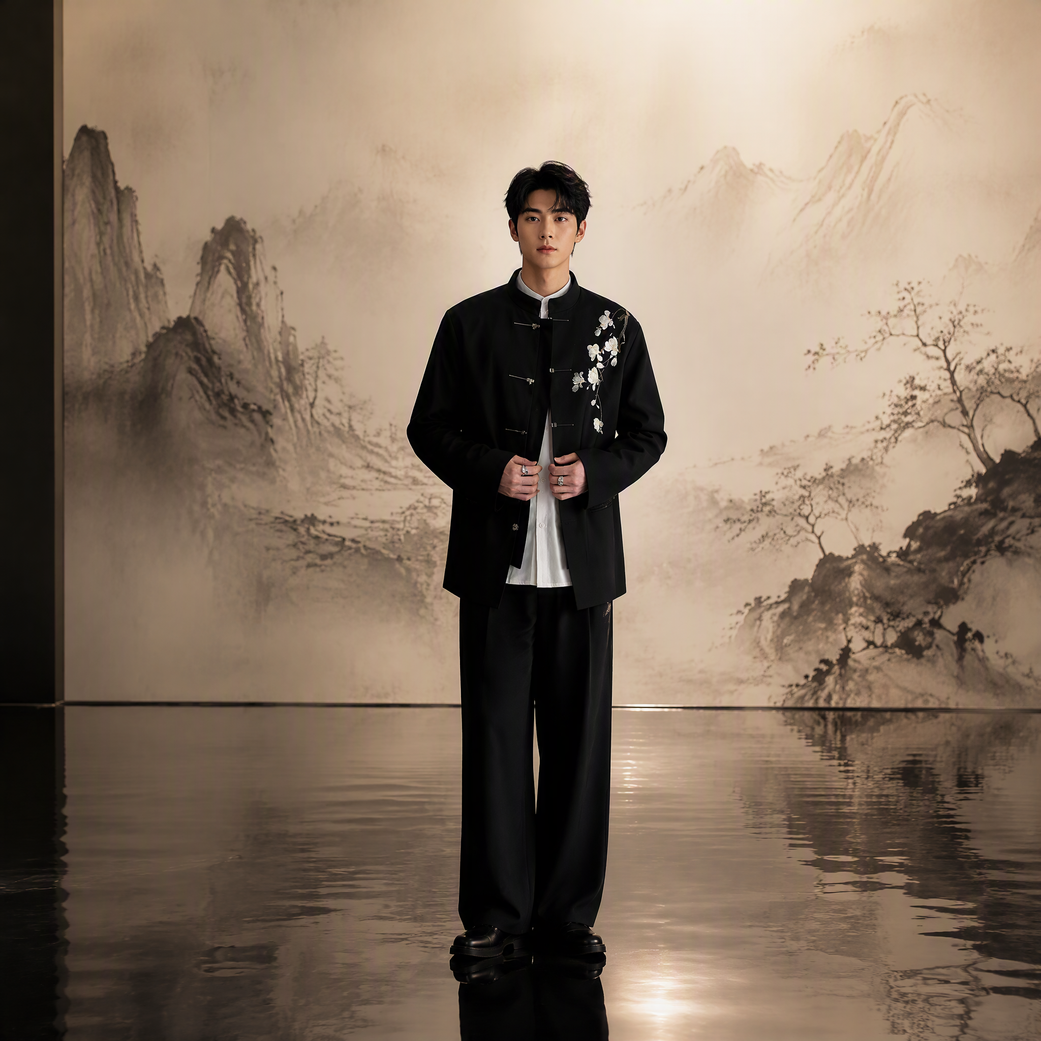 Minimalist Black Mandarin Collar Jacket with Elegant White Tree Peony/Magnolia Embroidery