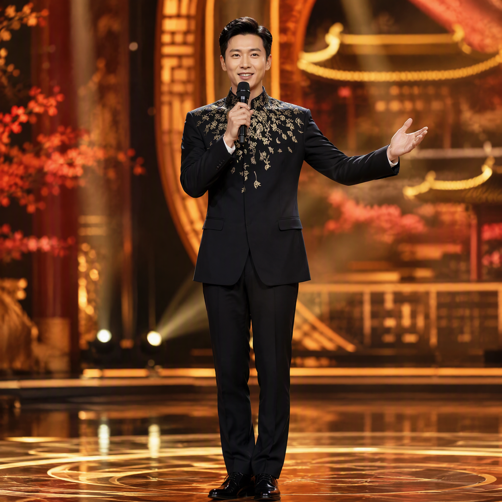 Exquisite Black Mandarin Collar Suit with Gold Botanical Embroidery
