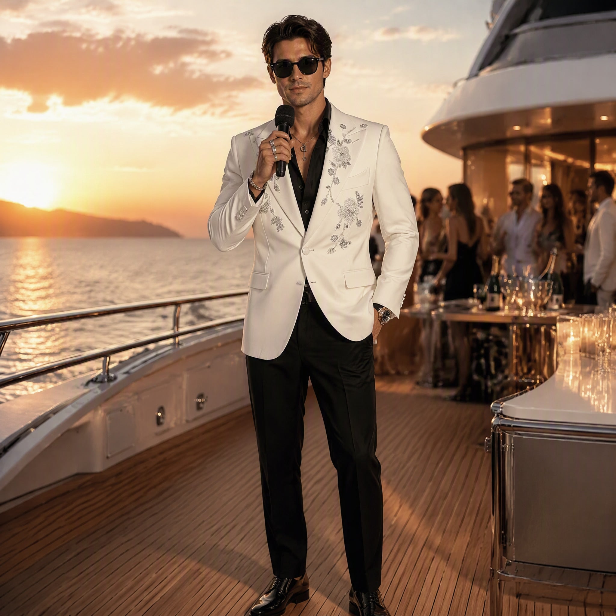 White Peak Lapel Tuxedo Blazer with Intricate Crystal and Silver Beadwork