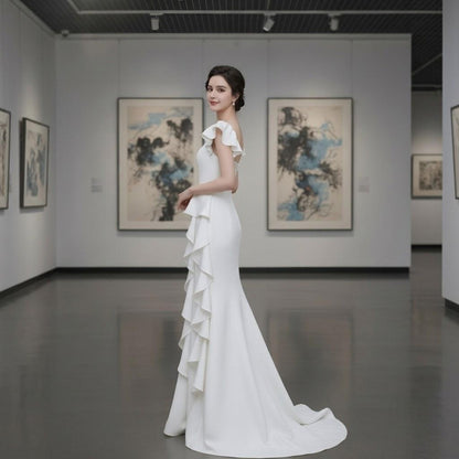 Cascading Ruffle Square Neck Mermaid Gown