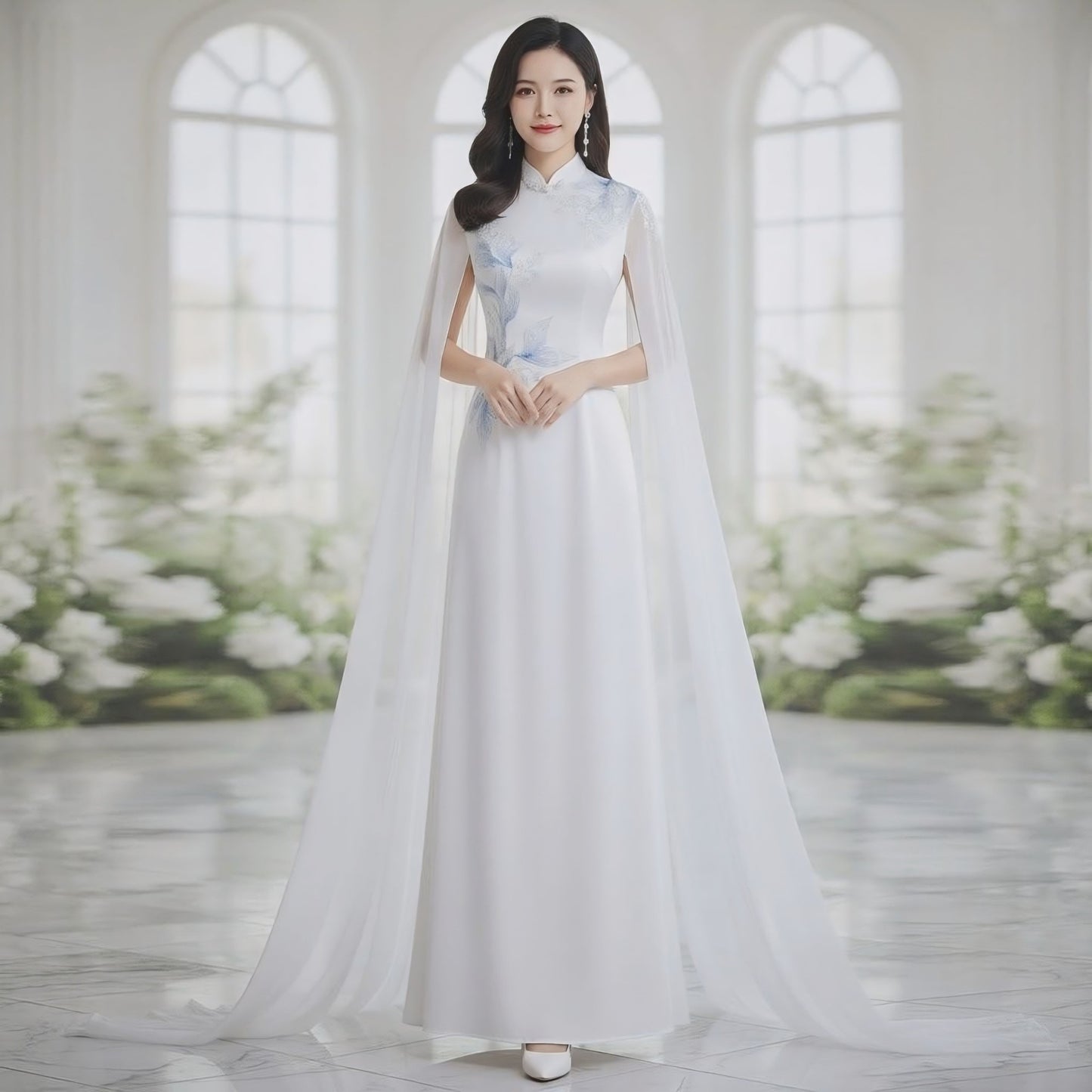 Flowing Cape Blue Floral White Stage Dress
