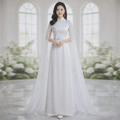 Flowing Cape Blue Floral White Stage Dress