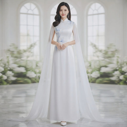 Flowing Cape Blue Floral White Stage Dress
