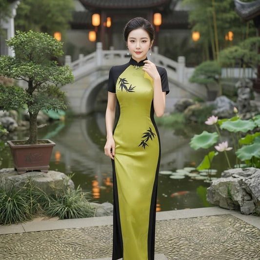 Bamboo Embroidered Colorblock Mandarin Cheongsam
