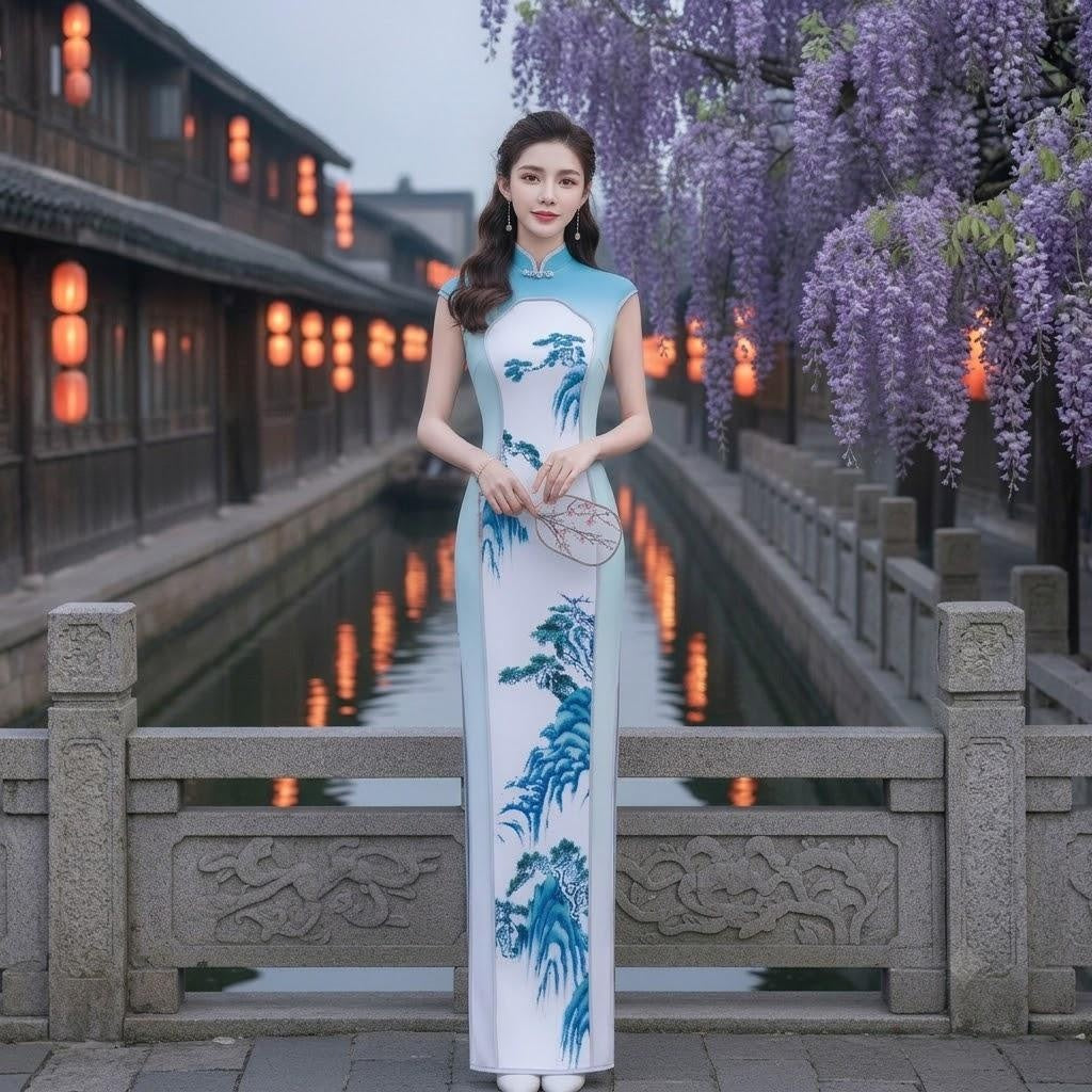 Landscape Print Ombre Mandarin Cheongsam