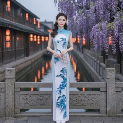Landscape Print Ombre Mandarin Cheongsam