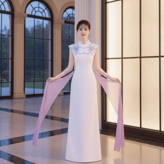 Embroidered Sash Draped Mandarin Cheongsam