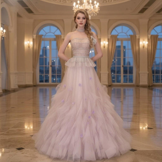 Beaded Peplum Strapless Tulle Stage Gown