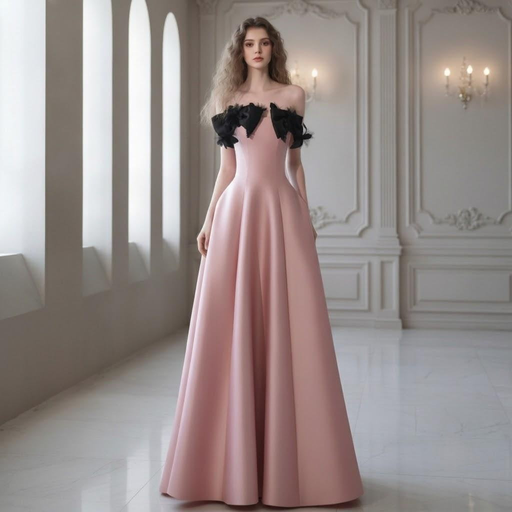 Premium Satin Strapless Prom dress with black bows
