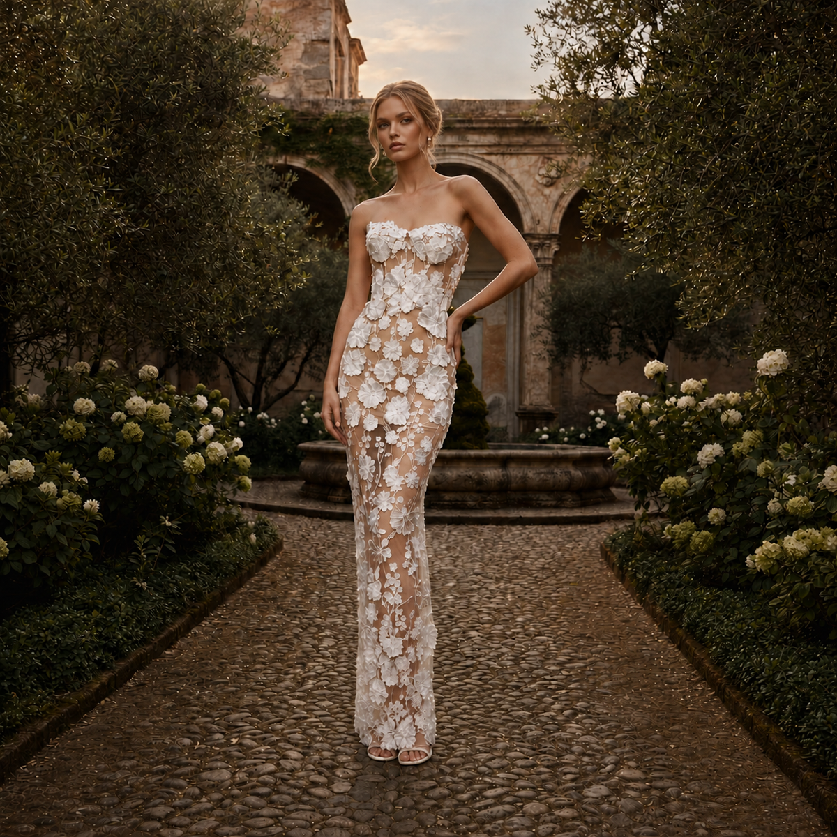 French Luxury 3D Floral Strapless Gown