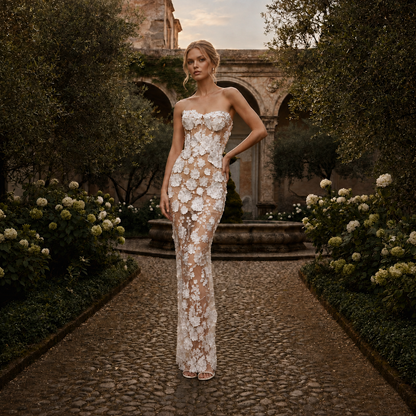 French Luxury 3D Floral Strapless Gown