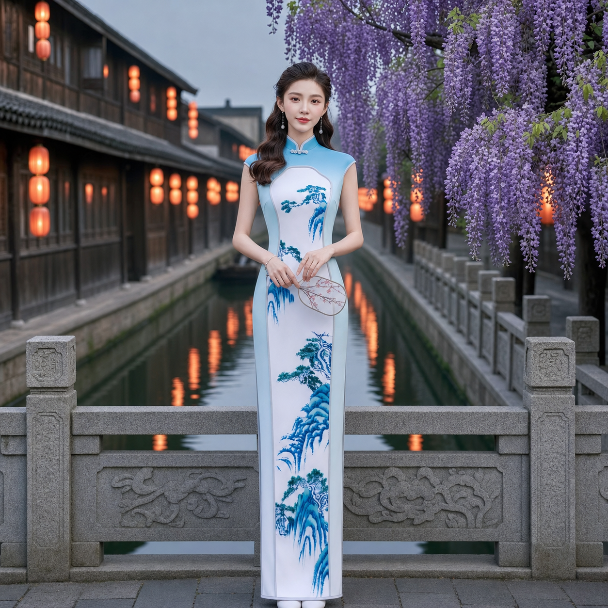 Landscape Print Ombre Mandarin Cheongsam