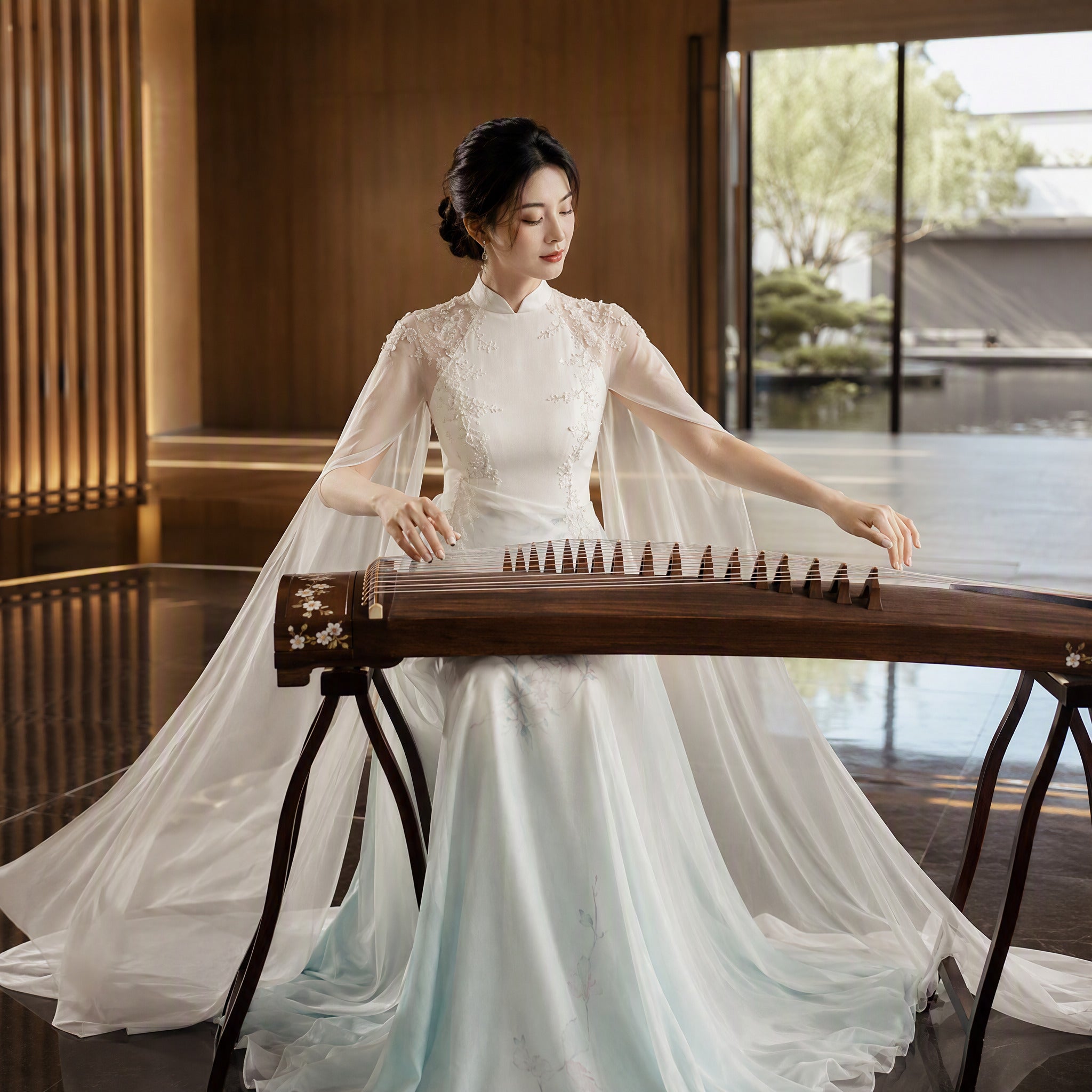 White and Ice Blue Mandarin Collar Embroidered Long Evening Gown with Cape