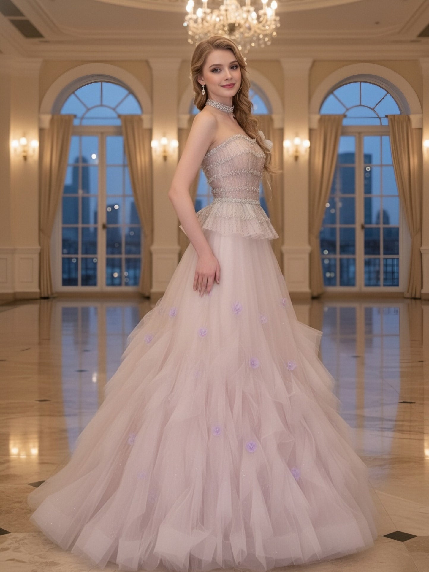 Beaded Peplum Strapless Tulle Stage Gown