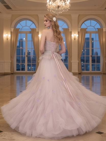Beaded Peplum Strapless Tulle Stage Gown